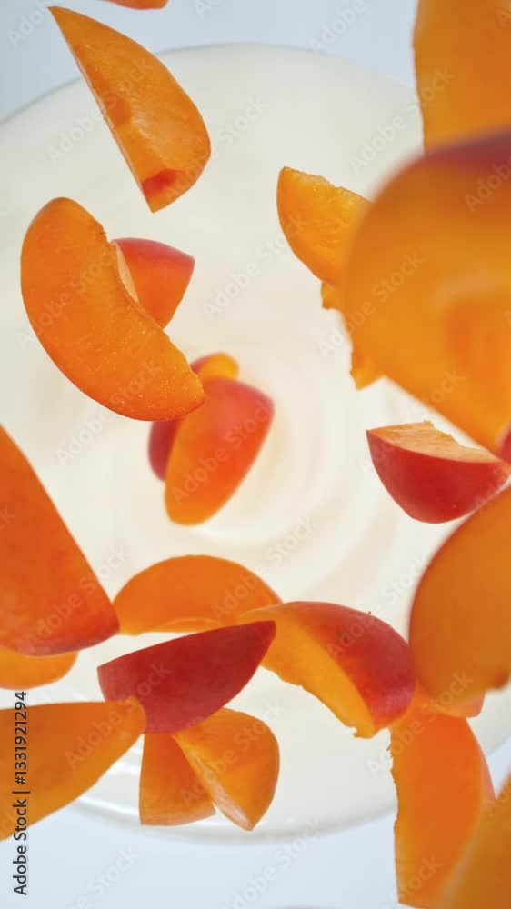 Aufkleber super slow motion shot of falling fresh apricots into joghurt . camera motion . filmed on high speed