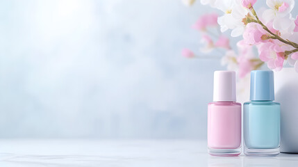 Two pastel-colored nail polish bottles in soft pink and blue next to blooming flowers on a marble surface. Perfect for beauty branding, nail salon promotions, or self-care concepts. Selective focus