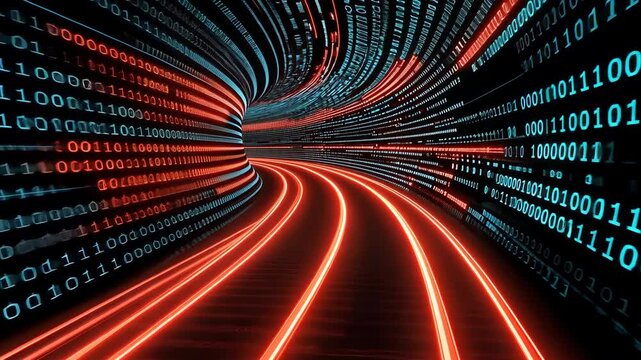 Dynamic Digital Tunnel with Glowing Red Lines and Binary Code Futuristic High Tech Atmosphere of Speed and Innovation, Featuring Vibrant Colors and Flowing Design for Enhanced Connectivity and Data