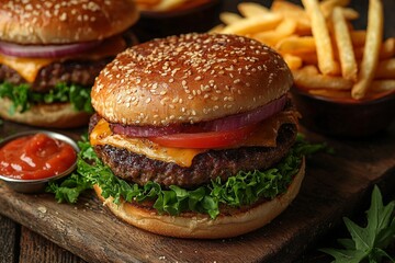 Delicious Fast Food Spread with Burgers and Fries