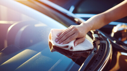 Cleaning the Windshield. A close-up of a woman cleaning her car’s windshield, with focus on her hand, cloth, and glass in vibrant, detailed clarity.