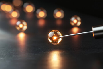 Obraz premium close up view of glowing particle being held by metallic tool, showcasing microscopic world of luminous orbs. scene evokes sense of wonder and exploration