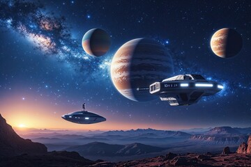 Dreamlike Cosmic View with Planets and Futuristic Spacecraft Under a Starry Night Sky
