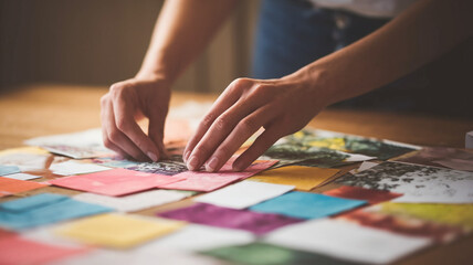 Obraz premium Collage Art Assembly. A close-up of a woman assembling a collage, with focus on her hands, layered papers, and textured elements in vivid, detailed clarity.