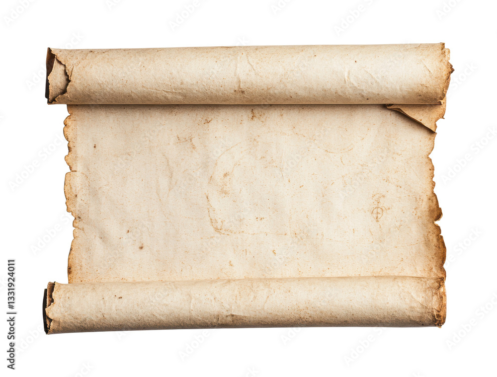 Poster ancient blank scroll texture with rolled edges and aged paper look, cut out
