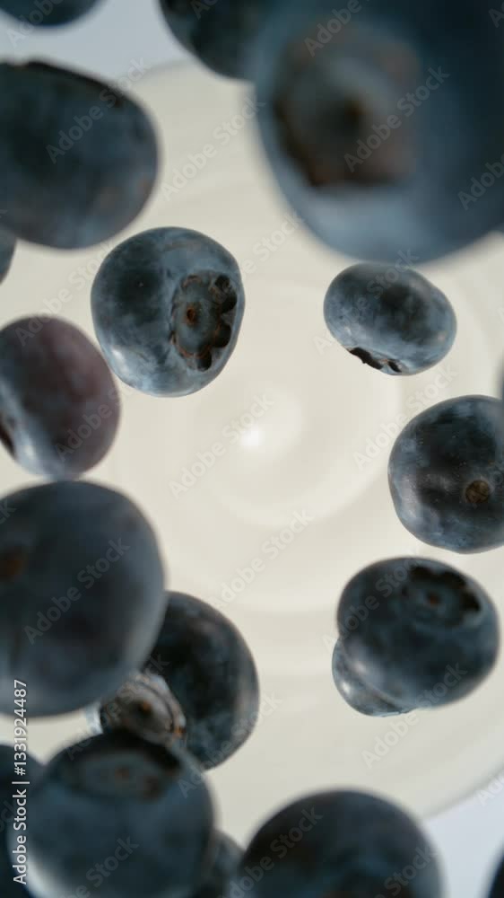 Fototapete Super Slow Motion Shot of Falling Fresh Blueberries into Joghurt . Camera Motion . Filmed on High Speed Cinematic Camera at 1000fps .