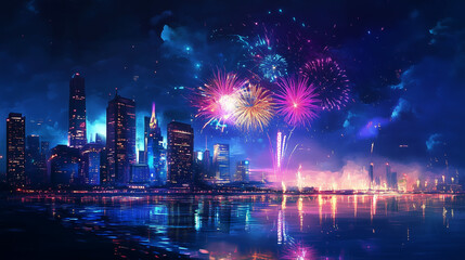 Fototapeta premium Grand Fireworks Show Vibrant Digital Painting in Blues, Pinks, and Purples over Futuristic City