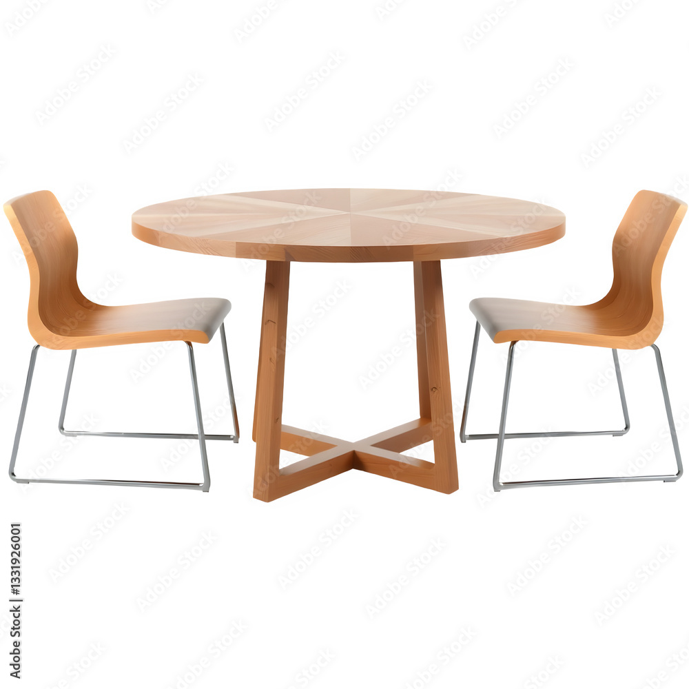 Poster a modern round table with a unique base design, accompanied by two sleek chairs featuring a minimali