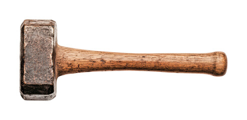 Rustic wooden handled metal hammer on white background, cut out