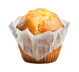 Golden muffin with crispy edges in white paper liner, cut out