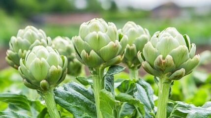 Fresh, Green Artichokes Growing in a Field, Vibrant Green Leaves and Springtime Blooms