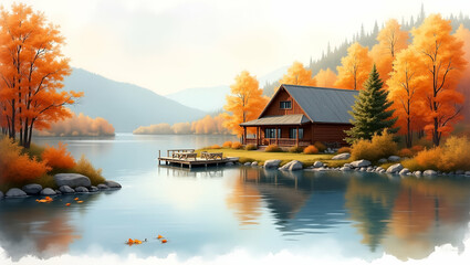 Fototapeta premium Cozy Lakeside Cabin in Vibrant Fall Foliage: Autumn Watercolor Art