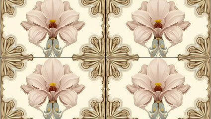 Art Deco Seamless Tile Pattern: Symmetrical Magnolia Motifs & Gold Accents