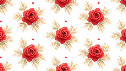 Fototapeta premium Tropical rose seamless tile pattern with vibrant red roses and tropical leaves on a white background ideal for sunny lounges concept as Vibrant red roses and tropical leaves on white background create