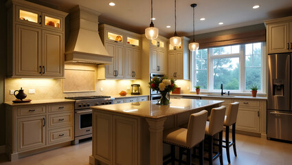 Fototapeta premium Elegant Kitchen Design: Recessed Lighting & Cozy LED Accents