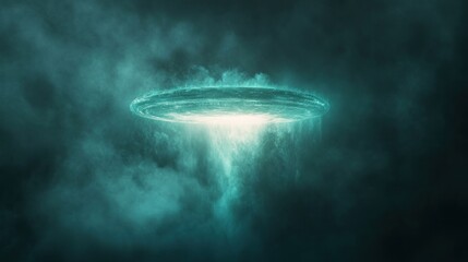 Glowing UFO descends through dark clouds, emitting bright light.