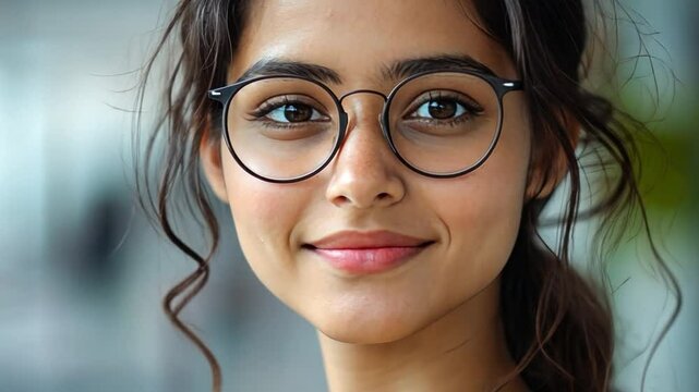 Intelligent Gaze: Close-up shot of a young woman wearing glasses, her warm smile reflecting intelligence and approachability. A testament to the beauty of knowledge and the power of a confident smile.