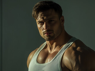 Fitness strong man portrait, male portrait close up