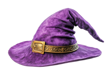 Purple wizard hat with gold belt and intricate design on white background, cut out