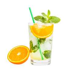 Fototapeta premium Refreshing mint and orange cocktail with ice and straw, cut out