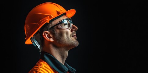 Construction worker profile, safety gear, dark background, industry (1)