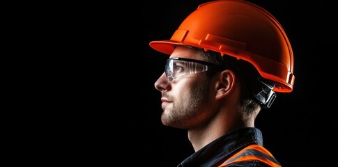 Construction worker safety profile, dark background, safety gear
