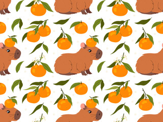 Funny capybara with tangerine. Kawaii herbivorous rodent. Ripe mandarin on twig. Citrus orange fruit with green leaves. Seamless pattern capybara. For textile, wrapping paper, postcards or covers.