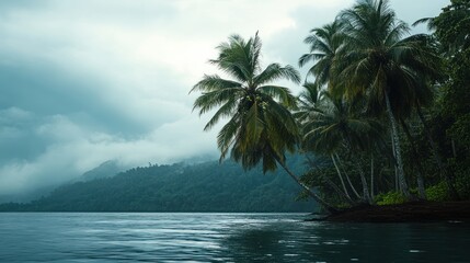 Tropical coast, rainy day, calm sea