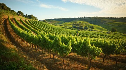 Fototapeta premium Lush green vineyard rows extend across the sloping countryside landscape