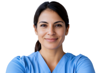 Confident female nurse in blue scrubs image isolated transparent. Medical professional woman caregiver cut out photo png. Clinical worker. Healthcare provider cutout photography