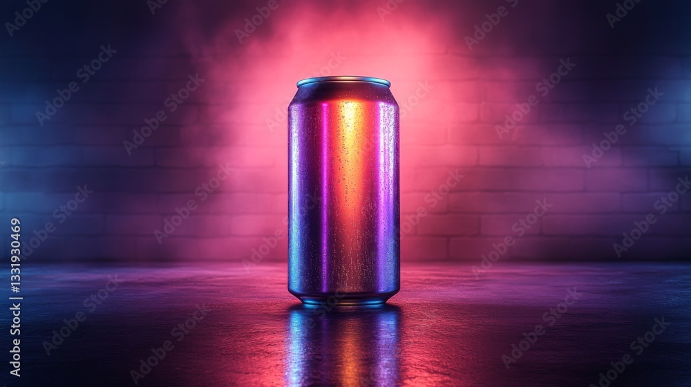 Leinwandbilder A metallic can stands alone under a mix of purple and blue lights, creating an artistic and moody effect. The condensation on the surface adds a refreshing touch.