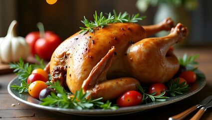 Flat Delicious roasted turkey served with fresh herbs vegetables and fruits perfect for festive holiday meals like Thanksgiving and Christmas. concept as Roasted turkey served with fresh herbs vegetab