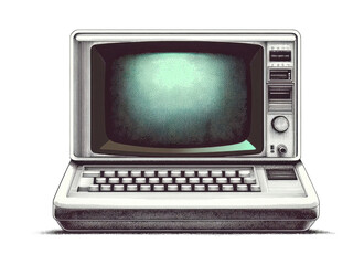 Retro crt computer terminal with keyboard and green display, cut out