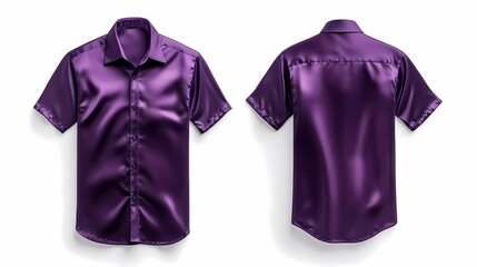 modern purple silk short sleeve button down shirt mockup with front and back views isolated clean white background