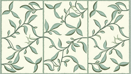 Mediterranean Vine Seamless Tile Pattern Featuring Olive Tendrils and Turquoise Accents - Ideal for Coastal Homes | Stock Photo Concept with Ample Empty Space on the Left Side