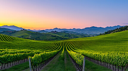Fototapeta premium Vineyards at sunrise. Vast rows of grapevines stretch across rolling hills, under a vibrant sunrise