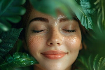 a young woman with closed eyes surrounded by green leaves.
