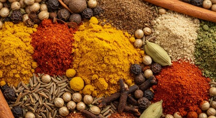 Vibrant aromatic spices collection colorful turmeric paprika chili powder mix food cumin herbs asian