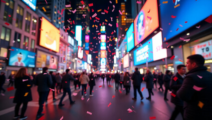 Vibrant Flat Colorful Confetti Falling in Times Square: A Festive New Year�s Eve Celebration Illustration Capturing Excitement and Energy in a Cute Vector Style