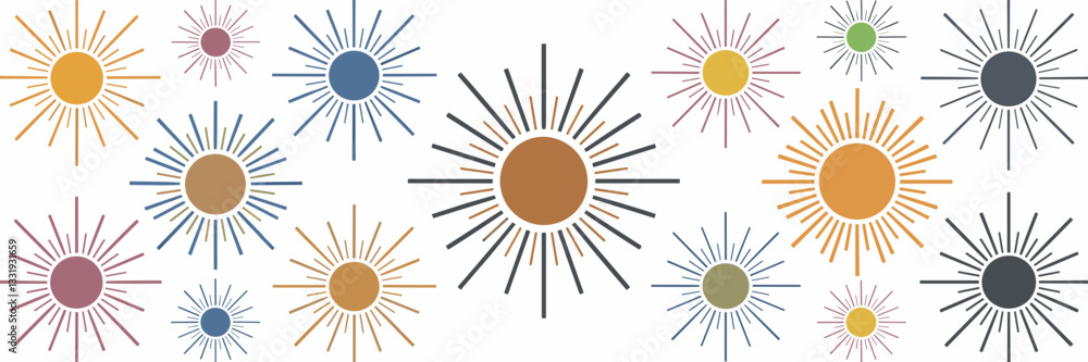Poster vector illustration of multiple sun icons in varying sizes and colors on a white background