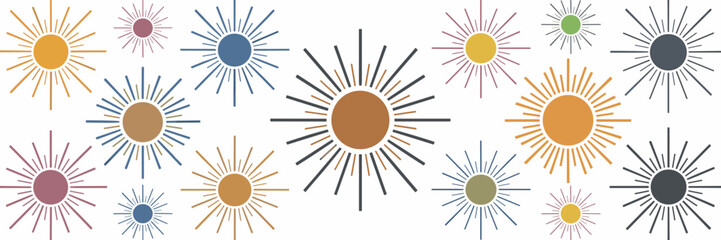 Fototapeta premium Vector illustration of multiple sun icons in varying sizes and colors on a white background