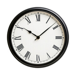 Round wall clock with black roman numerals and black frame, cut out
