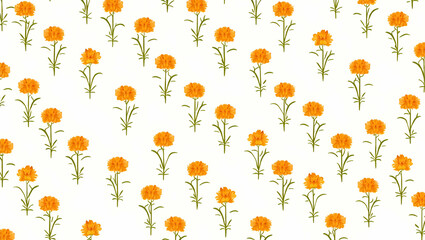 Tropical Marigold Seamless Tile Pattern: Lush Green Stems & Vibrant Clusters on White Background Perfect for Sunny Lounges - A Smart Business Design Solution