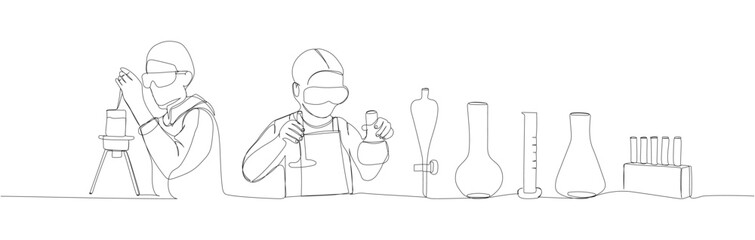 Chemistry lesson set, student conducts experiment, mixes reagents, chemistry one line art. Continuous line drawing of online knowledge, learning, education, teaching, solving problems, student life
