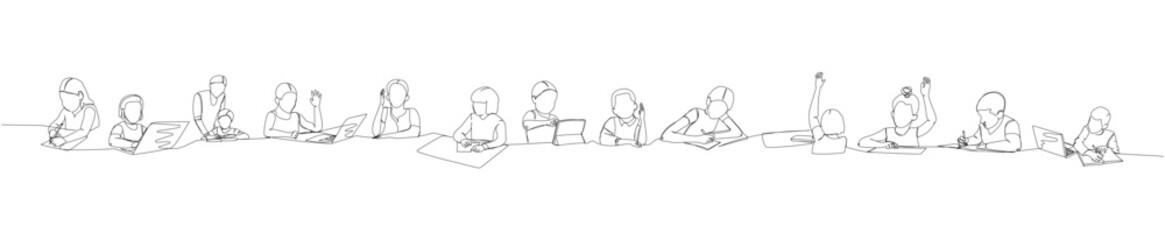 set of students answering in class, response to teacher one line art. Continuous line drawing of online learning, knowledge, school, preparation, answer, lesson