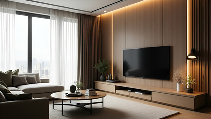 Modern Living Room Design: Stylish Furniture and TV Setup for a Cozy Home Entertainment Space - Flat Vector Illustration for Smart Business Aesthetic