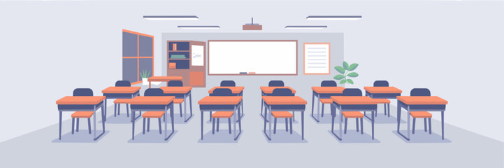 Vector illustration of an empty classroom with rows of desks, a whiteboard, plants, and a window.