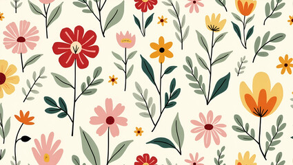 Mid Century Modern Seamless Tile Pattern with Retro Roses & Daisies