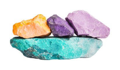 Fototapeta premium Vibrant collection of colorful raw minerals on black background, cut out