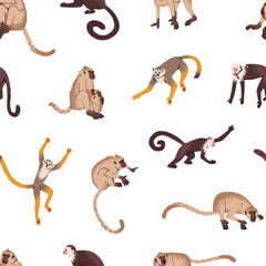 Repeatable pattern of different funny jungle monkeys. Endless background of cute primates, lemurs, macaques, capuchins. Happy exotic animal characters of rainforest. Flat seamless vector illustration.